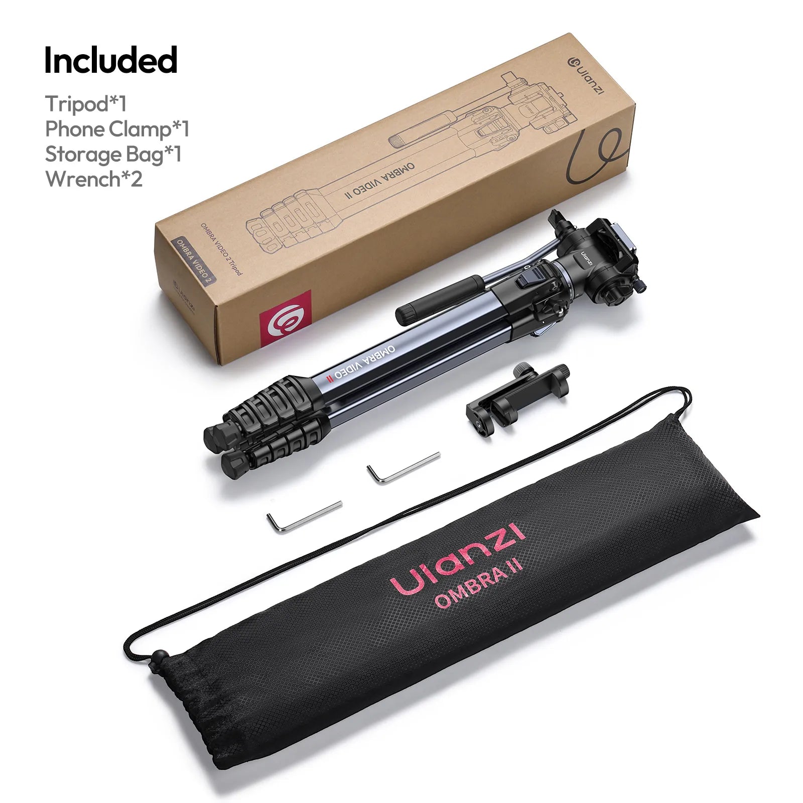 Ulanzi Ombra II tripod with packaging and accessories