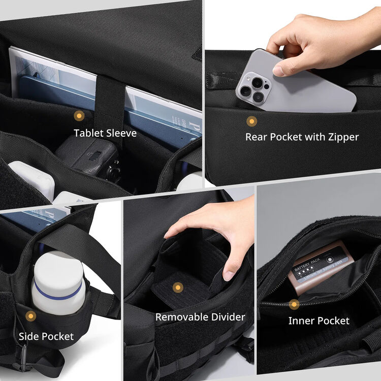 Collage of a black bag with various compartments labeled: Tablet Sleeve, Rear Pocket with Zipper, Side Pocket, Removable Divider, and Inner Pocket.
