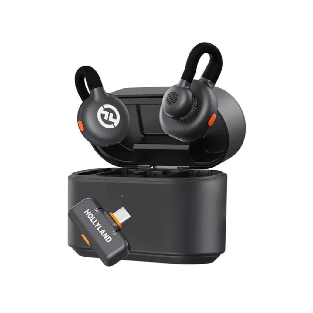 Black wireless earbuds with charging case on a white background
