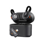 Black wireless earbuds with charging case on a white background