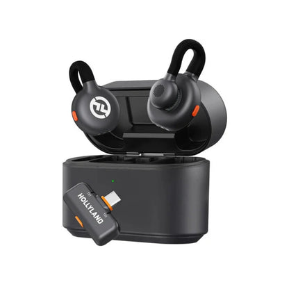 Black wireless earbuds with charging case on a white background
