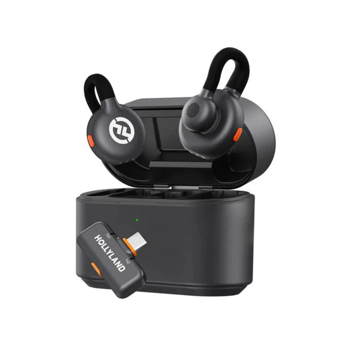 Black wireless earbuds with charging case on a white background