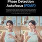 Two women sitting at a table with a product, text about Phase Detection Autofocus (PDAF) on a black background.
