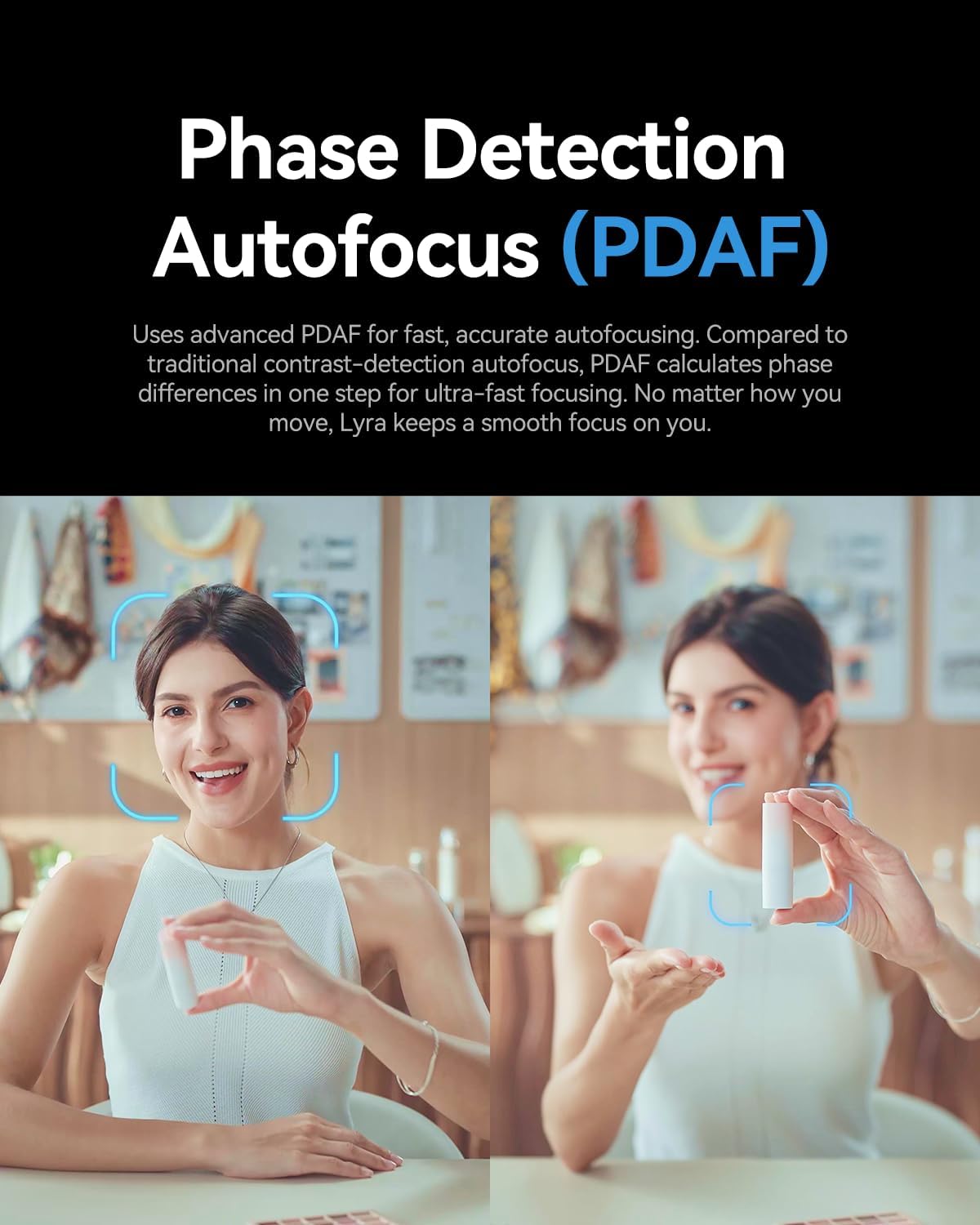 Two women sitting at a table with a product, text about Phase Detection Autofocus (PDAF) on a black background.