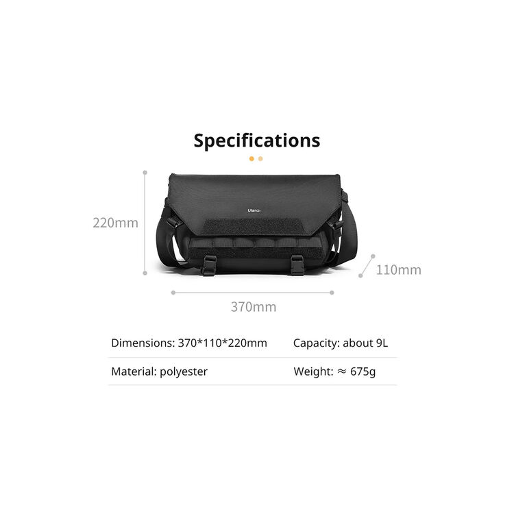 Black bag with dimensions and specifications on a white background