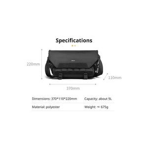 Black bag with dimensions and specifications on a white background