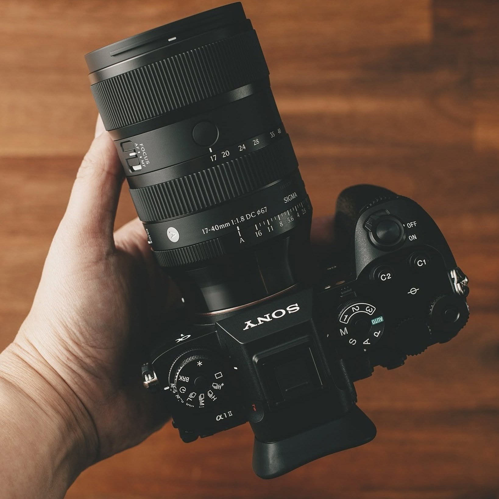 A hand holding a Sony mirrorless camera body with a large telephoto lens, photographed from above against a warm brown wooden background.