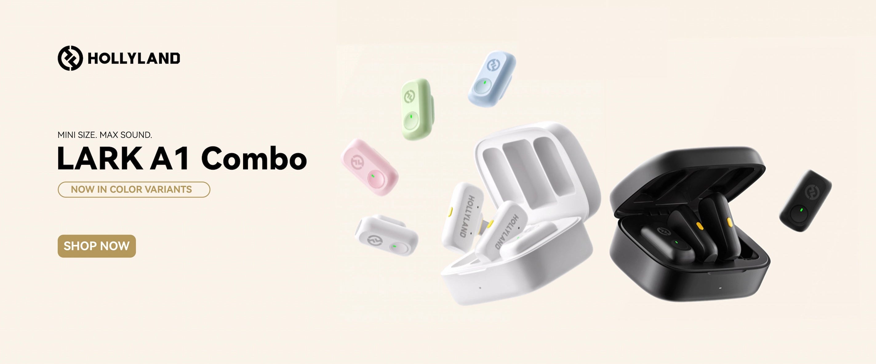 Hollyland Lark A1 Combo mini earbuds in a clean beige promotional layout. The image shows the black open charging case with two black earbuds, several floating color variants of the earbuds and cases in pastel pink, green, blue, and white, and promotional text including 'LARK A1 Combo' and 'SHOP NOW'.